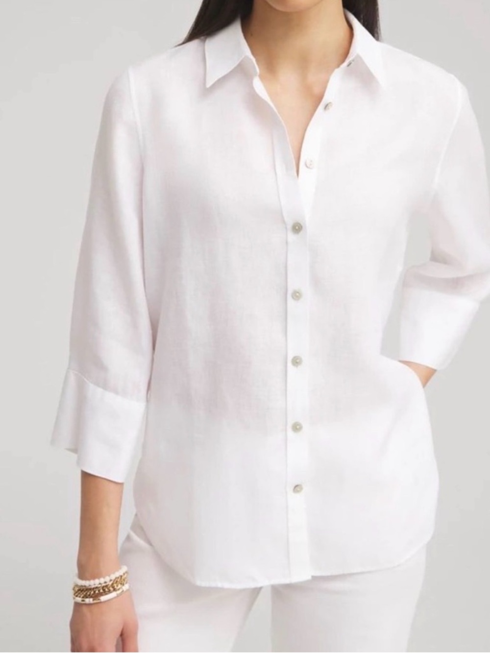 Chico’s White Linen Button Front Shirt | Lightweight Relaxed Fit Blouse 12/ 14